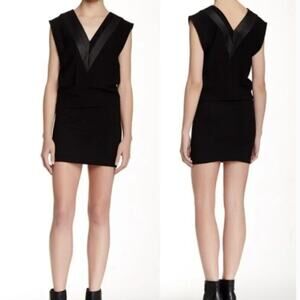 IRO Black Leather Trim Kacil V-Neck Sleeveless Mini Dress, Size 8 Large